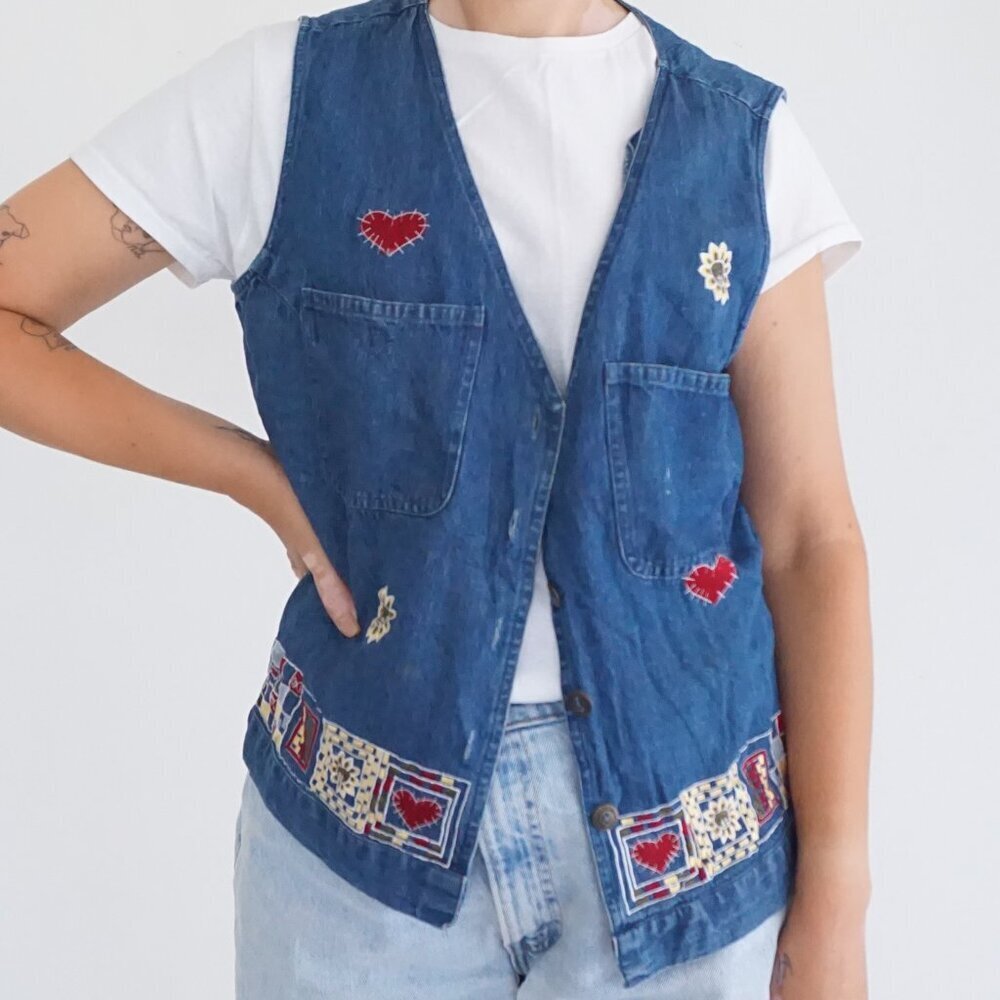 Vintage Blair Blue Denim Heart Floral Embroidered Cotton Vest Boho Cabincore M